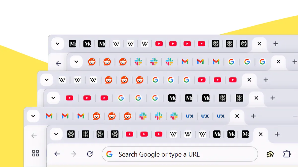 Close-up of an organised browser with grouped, clearly labelled tabs